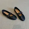 Sapatos Femininos Rasos de Bico Redondo com Tiras Duplas Estilo Retro Francês, Sapatilhas de Couro Genuíno com Tachas, Sapatos Estilo Mary Jane Vovó