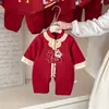 Ropa de Bebé Conjunto de Primavera para Niñas, Mameluco de Manga Larga de Doble Capa de Primavera, Vestido Rojo de Primer Cumpleaños, Transfronterizo