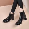Salto alto brilhante patente couro botas curtas estilo francês feminino salto grosso botas femininas salto médio botas individuais este ano botas Martin