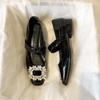 Novos Sapatos Mary Jane Planos Elegantes com Bico Quadrado em Couro Envernizado e Fivela com Strass para Mulheres 738-2, Salto Médio Robusto