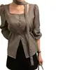 Elegante camisa de manga larga con lazo y cuello cuadrado para mujer, estilo coreano, diseño de nicho, entallada a la cintura, corte holgado, adelgazante, top de capa interior