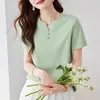 92% algodón 8% elastano para mujer, color liso, simple, cuello en V pequeño, camiseta casual versátil con diseño de botones, jersey