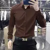 Camisa Casual Elegante High-End Hipster Sem Ferro para Homens Primavera/Outono Manga Longa Cor Sólida Formal de Negócios Camisa com Caimento Suave de Seda para Homens