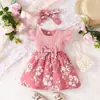 Ropa de bebé vestido de una pieza, mameluco de triángulo con lazo de encaje floral para bebé, mameluco de algodón de manga corta de 120g