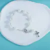 Venda Quente Transfronteiriça Flor Rosa Plana Asas de Anjo Contas de Batismo Pulseira de Pérola Pingente de Cruz Pulseira de Oração para Festa