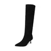 Botas de montaria de couro de cano alto femininas, novo estilo outono e inverno, botas de salto alto fino empilhadas de bico fino em couro genuíno, botas de perna reta