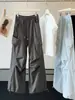 Pantalones Casuales de Pierna Ancha a la Moda Estilo Ropa de Trabajo para Mujer, Nuevos de Verano de Cintura Alta Adelgazantes con Cordón de Secado Rápido Seda de Hielo Deportivos de Paracaídas