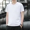 Camiseta Esportiva masculina de verão fina com decote V de manga curta de algodão seda gelada casual para jovens