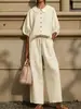 Llegada Nueva Verano 2026 Transfronterizo Amazon Moda Femenina Algodón Lino Manga de Farol Conjunto de Pantalones Largos con Cordón a la Cintura