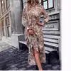 Comercio Exterior Transfronterizo 2025 Aliexpress Otoño e Invierno Falda Larga Colorida Vestido de Manga Larga Estampado con Cuello Alto y Volantes