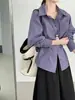 Luego, camisa de cuadros morados estilo coreano con cuello y entalle en la cintura para mujer, cárdigan holgado casual de manga larga para principios de otoño 5130
