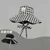 Sombrero de Sol Reversible de Verano para Mujer, Versátil Sombrero de Pescador Estilo Ins a Cuadros con Lazo y Ala Ancha para Protección Solar al Aire Libre