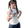 Camiseta de Manga Corta con Estampado de Cachorros en el Hombro Derecho para Mujer Verano 2025 Nuevo Retro Versátil Ajustada Blanca con Top de Puntos