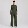 Conjunto de ropa de yoga transfronterizo: Conjunto de camiseta de manga larga, corte ajustado y secado rápido, y pantalones rectos holgados de cintura alta para correr y fitness