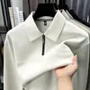 Camiseta de manga longa com gola dobrável e zíper parcial para homens de meia-idade, moletom de cor sólida business casual para primavera e outono, top base tipo polo