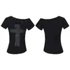 Top Cruzado de Hombros Descubiertos Verano 2026 Estilo Y2K Retro Americano Chica Atrevida Camiseta de Manga Corta con Estampado de Pedrería
