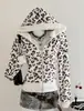 Sudadera con capucha y cremallera de estampado de leopardo para otoño e invierno, estilo Y2K, corte ajustado, moderna, patchwork, bloques de color, bolsillo interior con pedrería para mujer, venta al por mayor