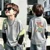 Ropa interior térmica casual de forro polar alemán con retazos moderna y genial para niños, Otoño Invierno, Niños Medianos y Grandes, Ropa interior cálida, Top de cuello redondo de dos piezas falsas, Moderno