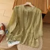 Camisa de algodão e linho lisa artística plus size para mulheres, novo estilo verão 2024, corte solto, emagrecedor, elegante, casual, top de algodão e linho