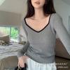 316# cachemir antibacteriano ropa cálida estilo Hepburn color de contraste copa integrada otoño e invierno engrosado cepillado cuello de rombos top de manga larga