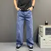 Botones Retro Americanos Salpicadura Azul Moda Jeans Hombre Otoño Sueltos Pierna Recta Cargo Pantalones Largos hasta el Suelo Tendencia