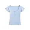 26017-26 Verano Estilo Coreano Ajuste Delgado Cuello en U Grande Mangas Volantes Doble Capa Dobladillo Abierto Manga Corta Pullover Camiseta Capa Base