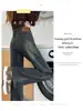 Jeans Elásticos Rectos de Cintura Alta Forrados de Polar Talla Plus para Mujer 2025 Nuevo Gris Cemento Oscuro Ajustados Sueltos Pantalones de Pierna Ancha