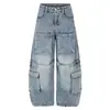 Jeans de trabajo estilo americano multibolsillos para hombre, lavado vintage y desgastados, pierna ancha holgada, hasta el suelo, pantalones curvos de alta costura