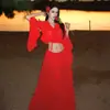 Top Rojo con Volantes, Atuendo para Sesión de Fotos en la Playa Estilo Tailandés, Conjunto Estilo Vacaciones, Falda Acampanada de Chifón