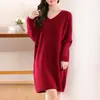 Nuevo Vestido de Moda con Cuello en V para Mujer Vestido Base de Punto Holgado Estilo Occidental de Longitud Media para Mujer talla grande