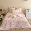 Conjunto de Lençol e Cobre-Leito de Algodão de Fibra Longa com Renda Dupla Camada Estilo Princesa, Conjunto de Quatro Peças para Meninas, Conjunto de Roupa de Cama de Algodão Puro Macio e Suave