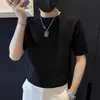 Suéter Masculino de Seda Gelada de Manga Curta Masculino Primavera e Verão Novo Slim Meia Manga Segunda Pele Gola Redonda Marca Tendência Camiseta Tricotada de Alta Qualidade
