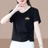 2026 Nueva Camiseta de Manga Corta con Cuello en V Estilo Comercio Exterior para Mujer, Holgada Talla Grande, Adelgazante, Cubre Vientre Top de Media Manga