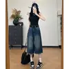 Jeans cropped estilo retro americano desgastado, modelagem solta, para mulheres, novo, fino para o verão, cintura alta, relaxado, casual, calça soda