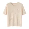 Bai Cai Rong Estilo Nuevo de Otoño para Mujer Cuello Redondo Cachemira Patrón de Diamantes Hueco Manga Corta Holgado Casual Versátil Top