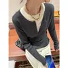 Moda europeia primavera 2026 novo estiloso e elegante falso duas peças justo malha feminina solto casual top