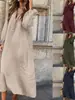 Vestido Novo Versátil de Meio Comprimento com Decote V e Manga Longa para Primavera e Outono, Saia de Algodão e Linho, Vestido Soltinho Plus Size Feminino que Esconde a Figura