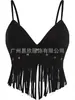 Top Cropped Feminino Europeu e Americano Transfronteiriço Y2K com Franjas Sem Mangas Alças Finas Couro Sintético Retro Hippie
