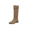 Botas de montar altas casuales estilo coreano de gamuza con tacón apilado 2026 invierno gruesas de tacón bajo punta redonda de cuero genuino largas para mujer
