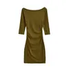 CL26200-26 Vestido otoñal estilo francés entallado con diseño limpio, ceñido a la cintura, plisado, manga tres cuartos, cuello barco, vestido Rachel, vestido corto