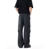 Design estilo americano, inspirado em chinês, original, perna reta, multi-bolsos, cordão ajustável, casual, calça comprida de corte solto, unissex, preto moderno
