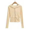 7640-25 Verano Nuevo Moda Europea y Americana Casual Rayas de Canalé Roscadas Empalme con Capucha Manga Larga Cremallera Superior Sudadera