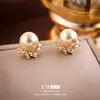 Pendientes de Hoja de Zircón y Perla Aguja de Plata, Pendientes Elegantes de Lujo Ligero Estilo Francés, Pendientes Minimalistas de Temperamento de Nicho para Mujer