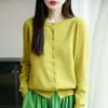 Cárdigan de lana pura, nuevo estilo otoño/invierno, suéter de cuello redondo, prenda exterior tejida de moda con botones de cristal, top abotonado fresco y colorido