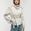 Trench Coat Curto Dupla Face com Cinto na Cintura, Gola Alta Suave, Estilo Francês, Transfronteiriço, para Mulheres, Adequado para Uso Casual e de Trabalho na Primavera e Outono