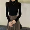 Al por mayor Hongo Negro Borde Medio Cuello Alto Tejido Capa Base Top Mujer Otoño Invierno Ajustado Manga Larga Ropa Interior Suéter Versátil Elástico Superior
