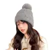 Gorro de Lana Tejido Estilo Coreano Otoño/Invierno para Mujer con Forro Polar Añadido para Calidez, Gorro con Pompón, Estilo Versátil Ins, Dulce, Gorro de Protección contra el Frío