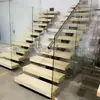 Industria de Escaleras Shangbu de Foshan Personaliza Escaleras con Barandilla de Cristal con Columnas de Acero Inoxidable y Pasamanos con Peldaños de Madera Maciza