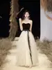 Vestido de Noche de Alta Gama con Parches de Malla Vestido para Mujer Textura de Alta Gama Socialite Sin Tirantes Negro Elegante Nuevo Estilo Vestido Largo para Mujer