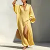 Vestido feminino de comércio exterior europeu e americano 2026, estilo casual e descontraído, com mangas morcego, modelagem solta e fenda, estilo de férias